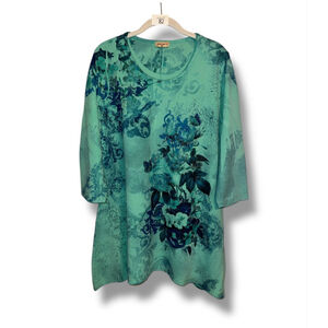 Studio Gem Q. Turquoise Handkerchief Hem Tunic Floral Boho Resort Wear Whimsy L